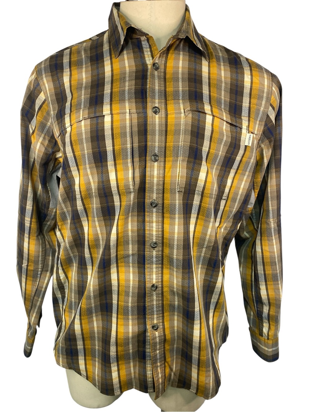 Magellan Outdoors Adventure Gear Plaid Button-Up Shirt - Mustard Yellow & Brown
